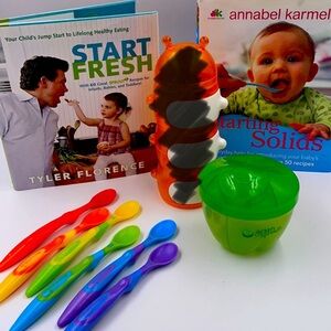 Formula/snack container, spoons, & cook books